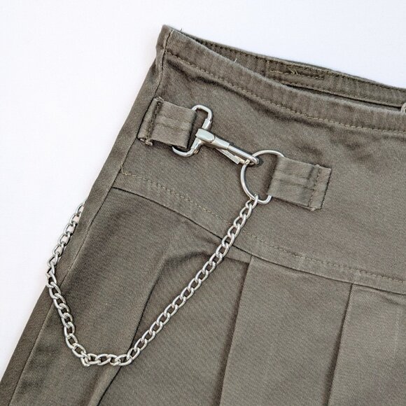 VTG 00s Y2K Marla Kim Khaki Green High-Waisted Pleated Mini Skirt with Chain - Picture 3 of 5